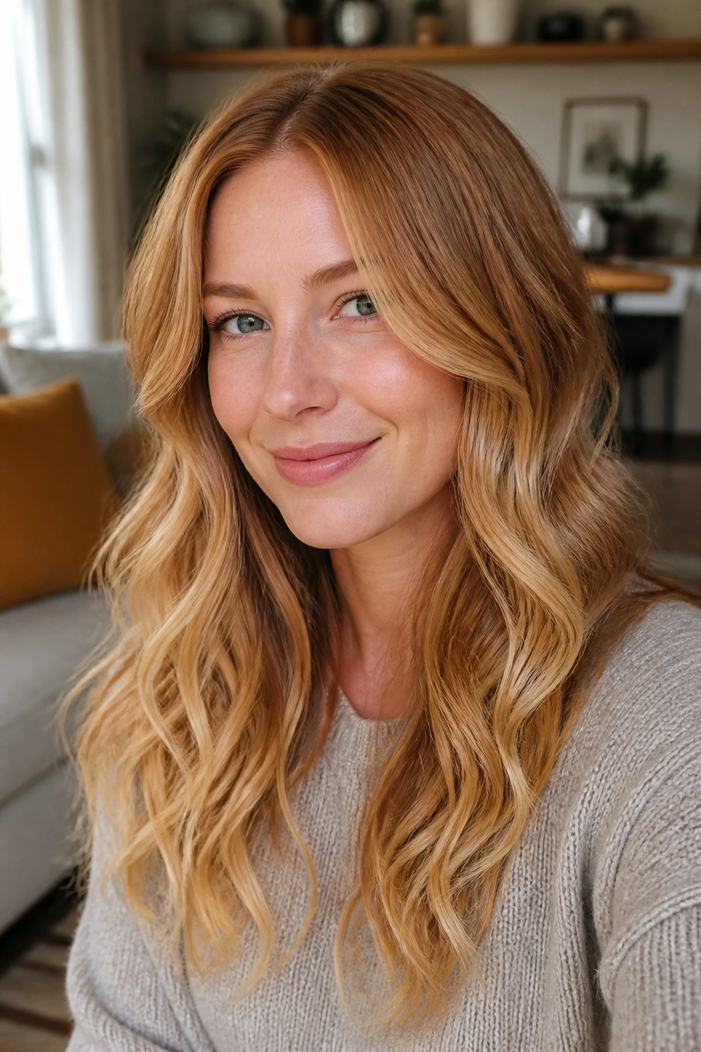 Portrait of a real woman with strawberry blonde hair and soft gold ends in gentle waves.
