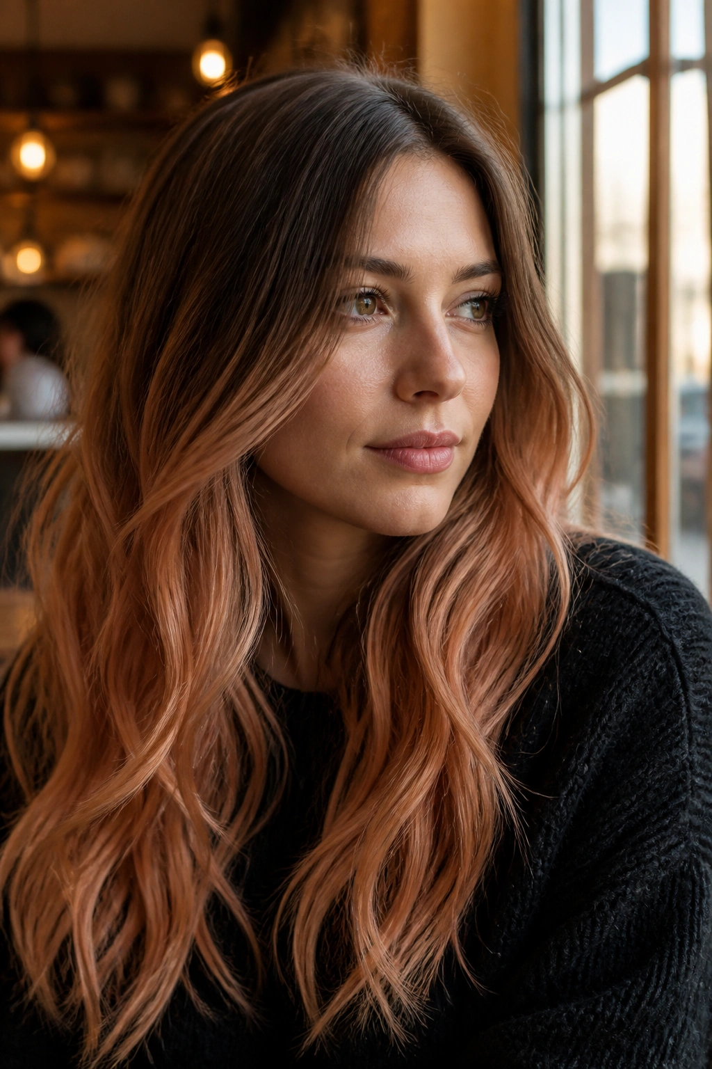 Close-up of a real woman with strawberry blonde fade on long hair