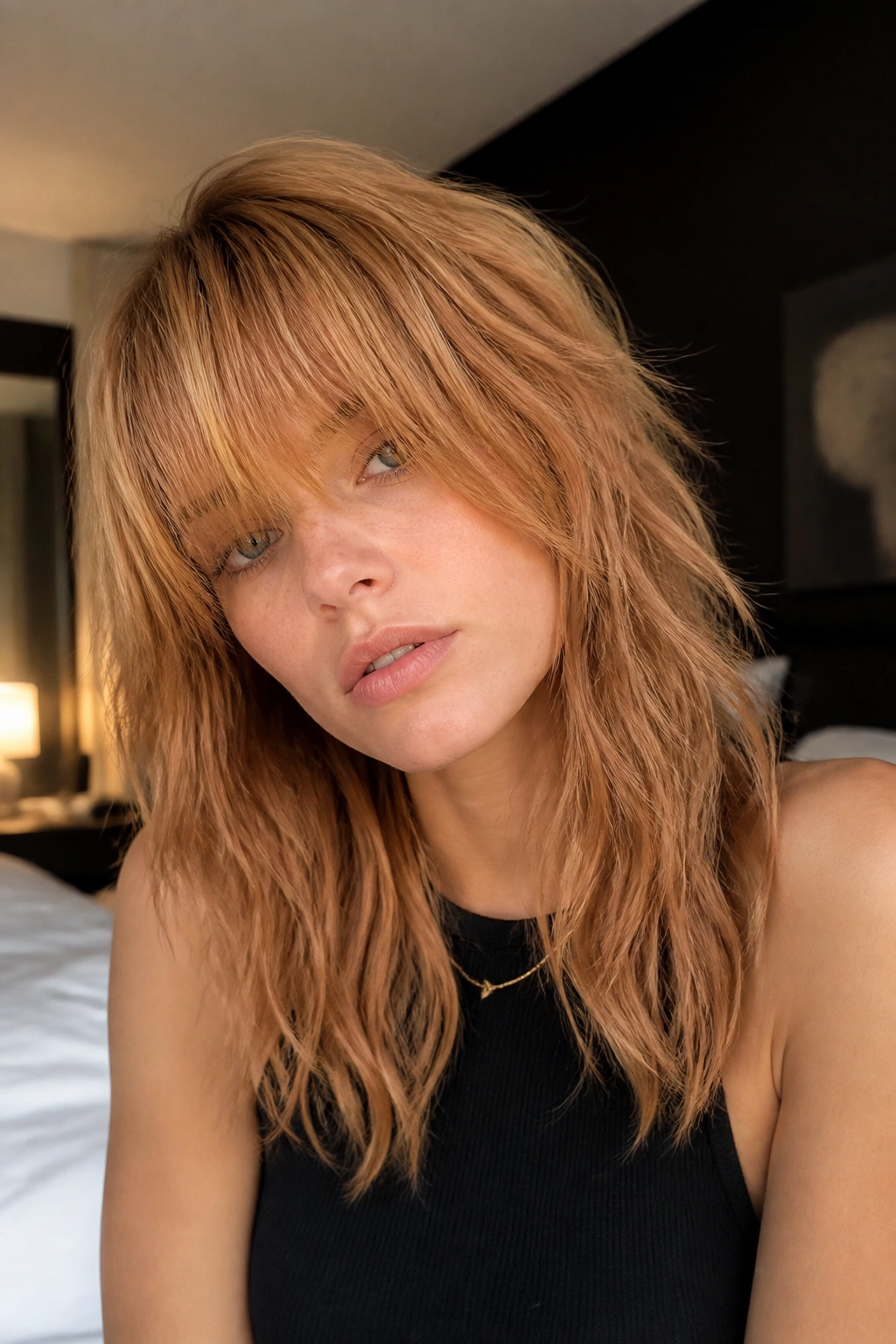 Close-up of a real woman with Strawberry Blonde Shag and long fringe