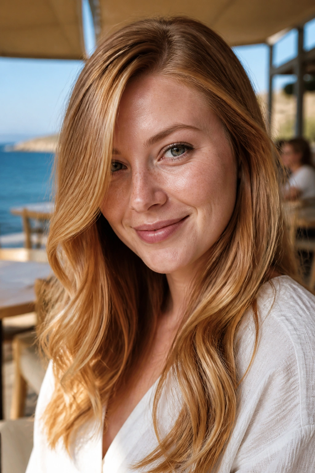 Close-up portrait of a real woman with strawberry blonde hair and golden undertones.
