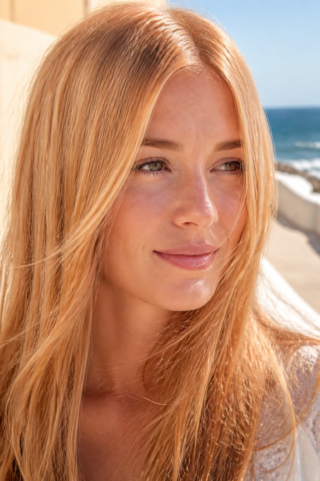 Close-up of real woman with Strawberry Blonde hair on straight hair in sunlit setting