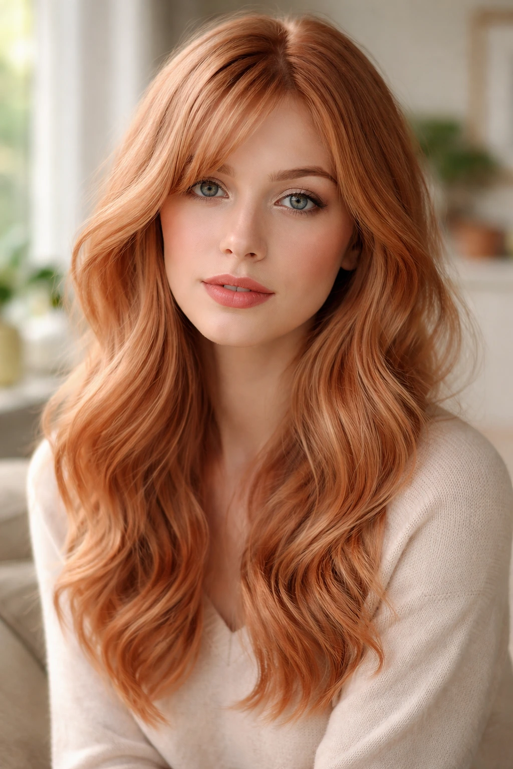 Close-up portrait of a real woman with strawberry blonde hair in soft window light