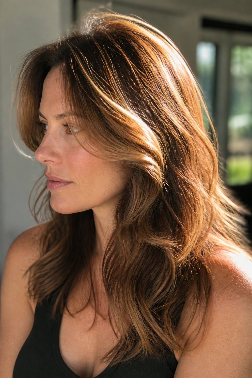 Close-up of a real woman showing crown halo highlights over brown hair in sunny room