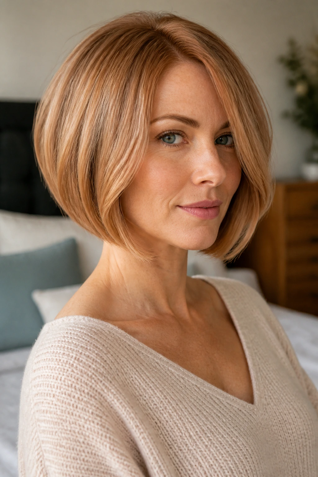 Close-up of a real woman with a strawberry blonde inverted bob and face-framing bend in a softly lit bedroom