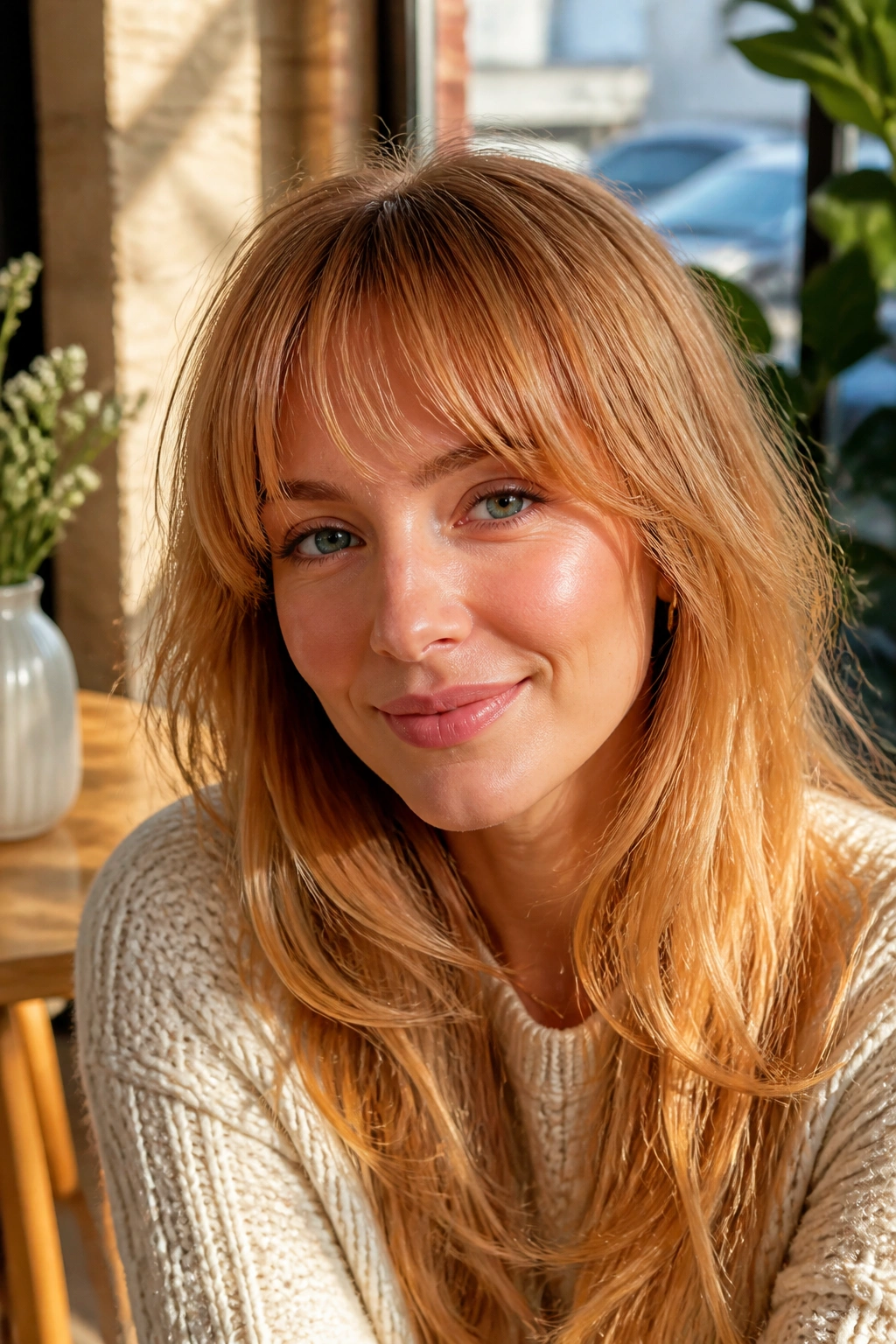 Close-up of a real woman with strawberry blonde layered fringe in warm light