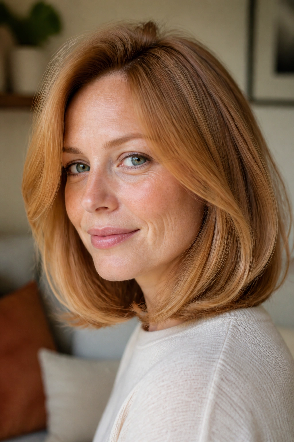 Close-up portrait of a woman with strawberry blonde rounded lob