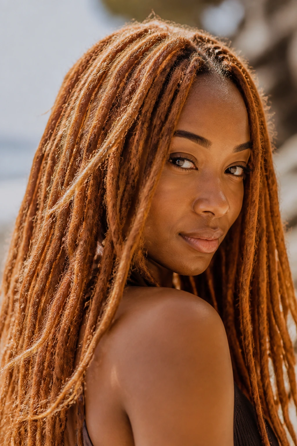 Close-up of a Black woman with strawberry blonde locs and copper hints in outdoor light