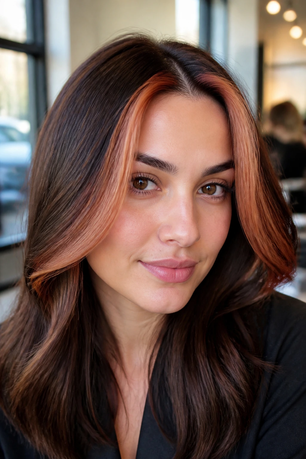 Close-up of a real woman with a strawberry blonde money piece at the front hairline
