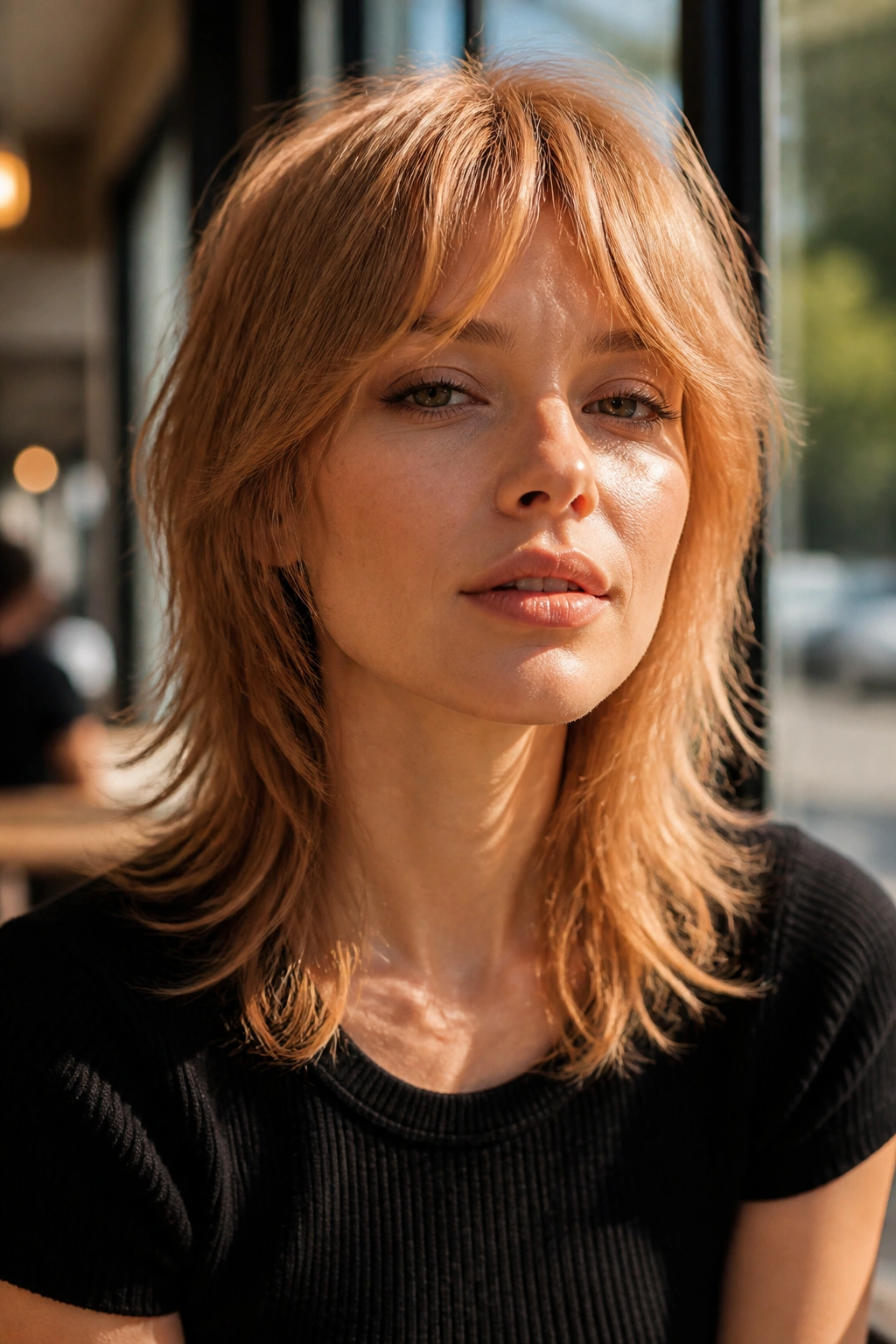 Portrait of a real woman with strawberry blonde mullet and wispy fringe