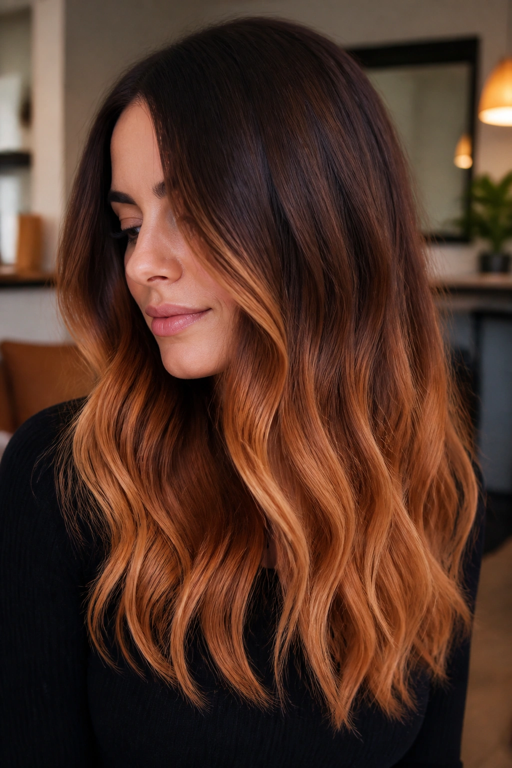 Close-up of a real woman with dark brown to strawberry blonde ombre hair