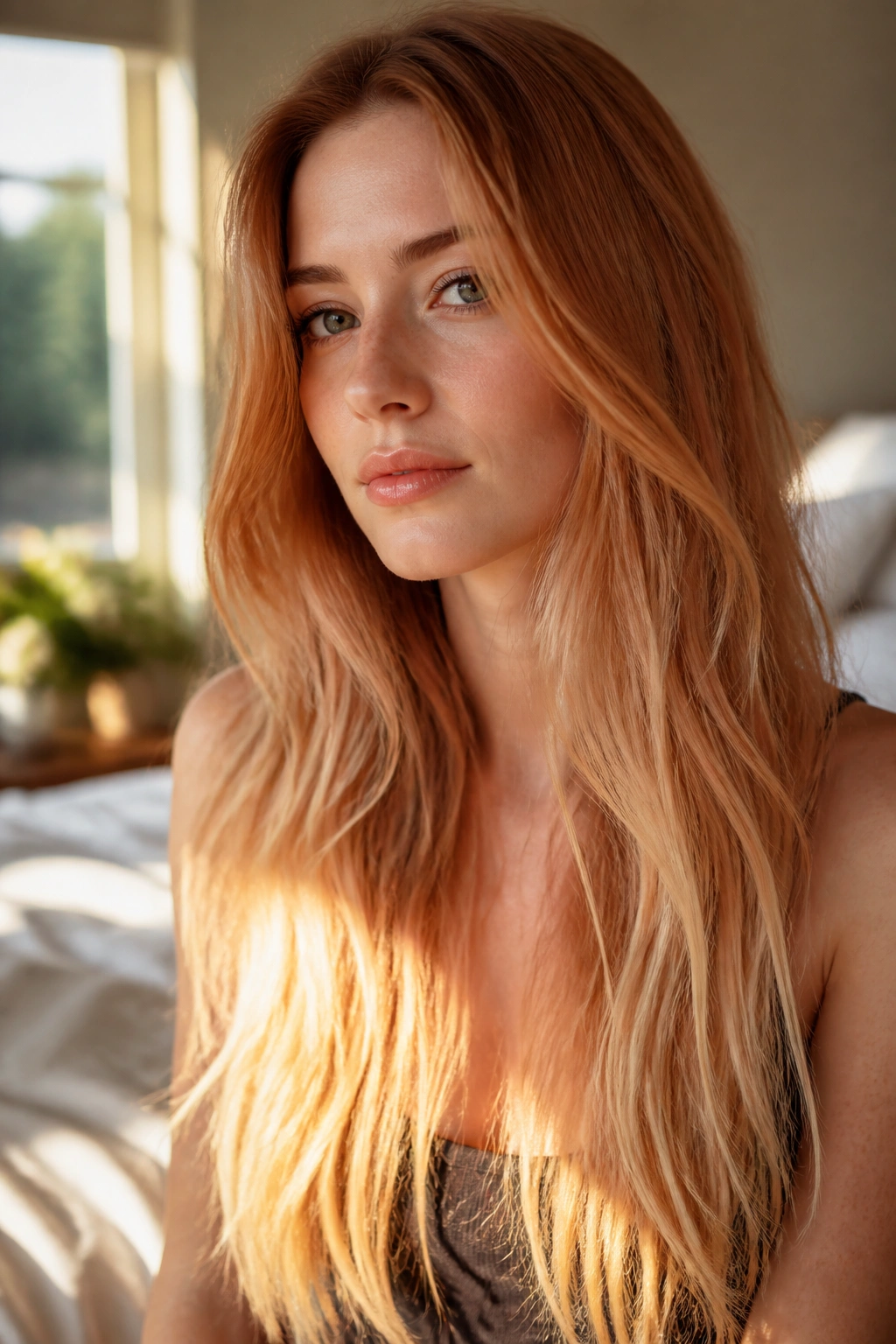 Close-up of a real woman's strawberry blonde ombre hair in warm bedroom light