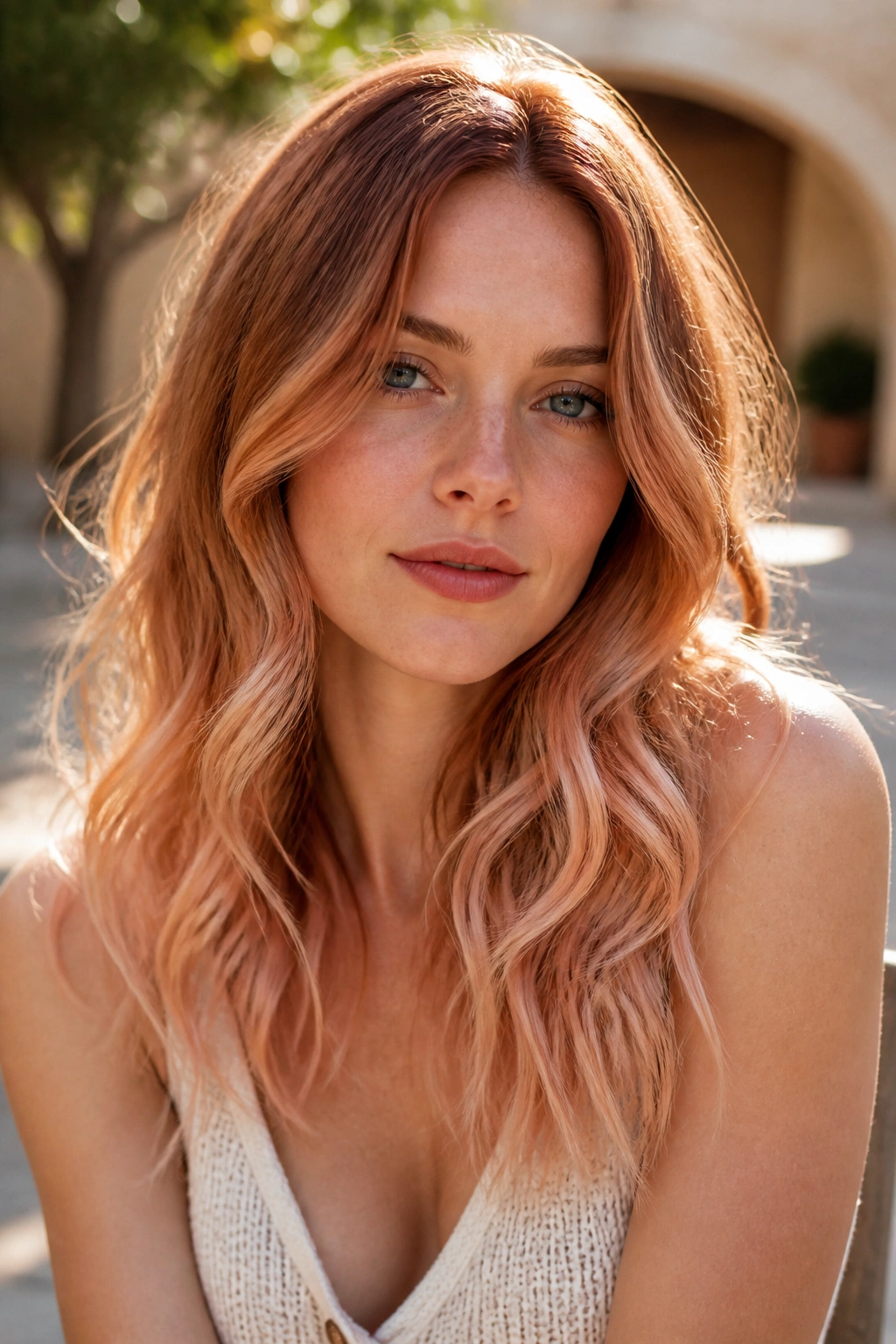 Close-up of a real person with Strawberry Blonde Ombré on Wavy Hair in golden hour light