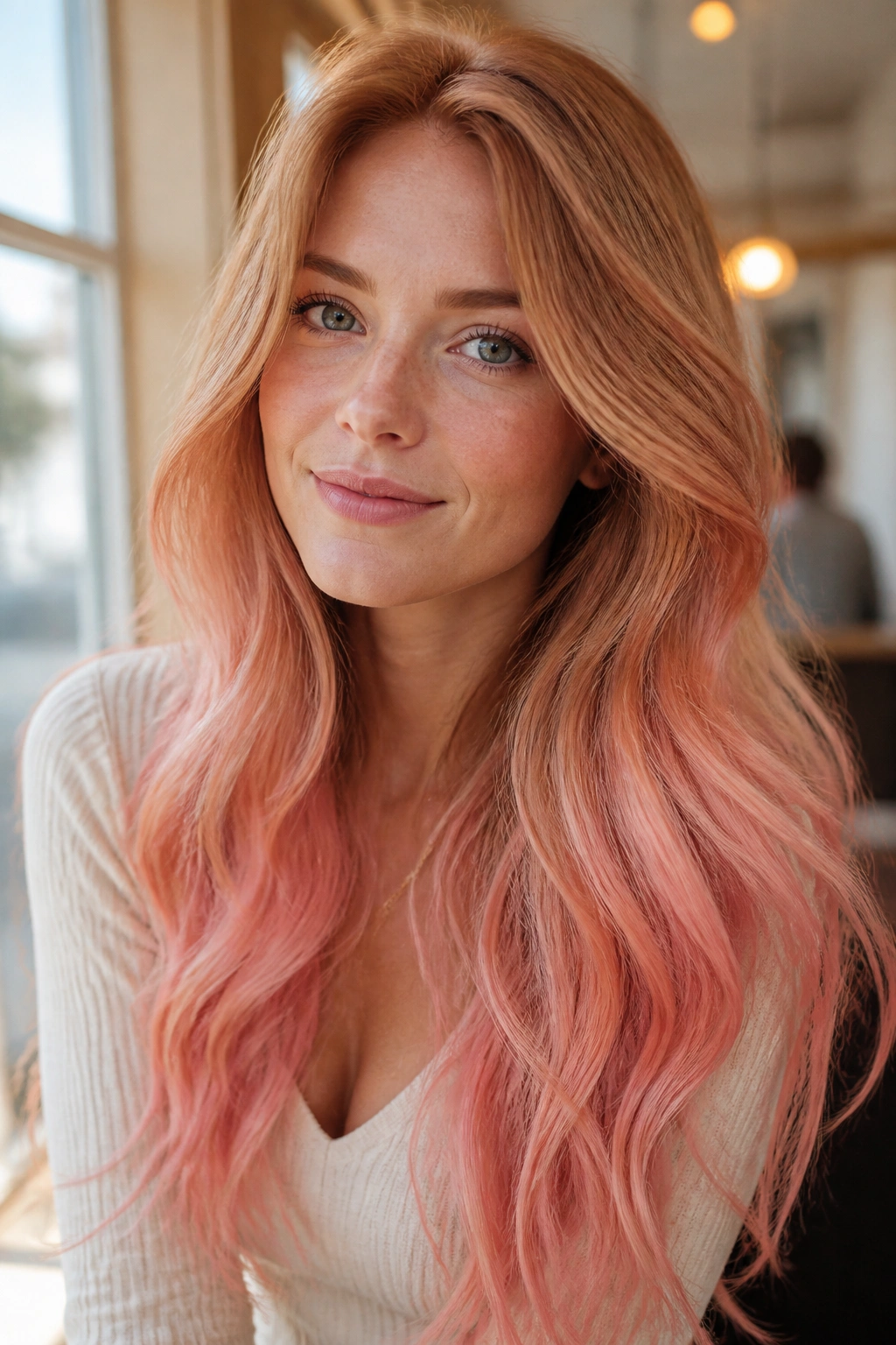 Close-up portrait of a real woman with strawberry blonde to pink honey ombre hair.