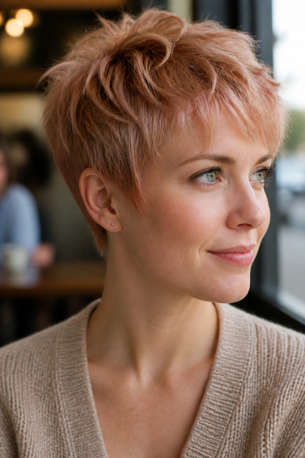 Portrait of a woman with strawberry blonde pixie cut and bright tips
