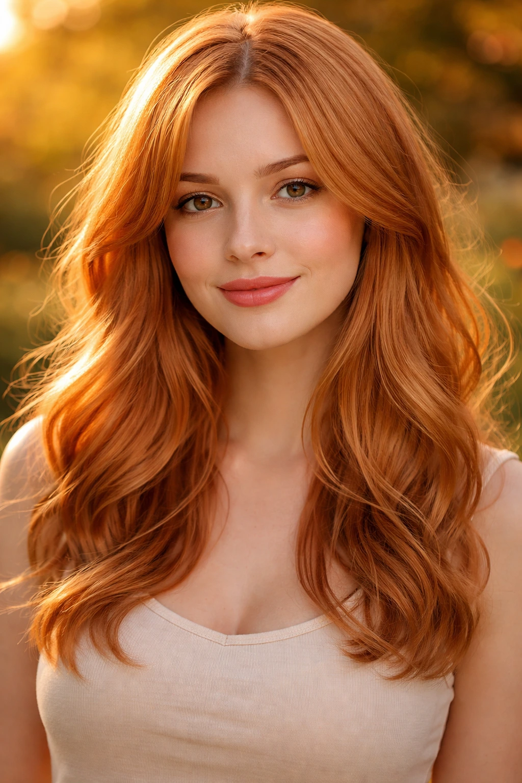 Close-up of a woman with strawberry blonde hair in copper-gold tones in a sunlit garden