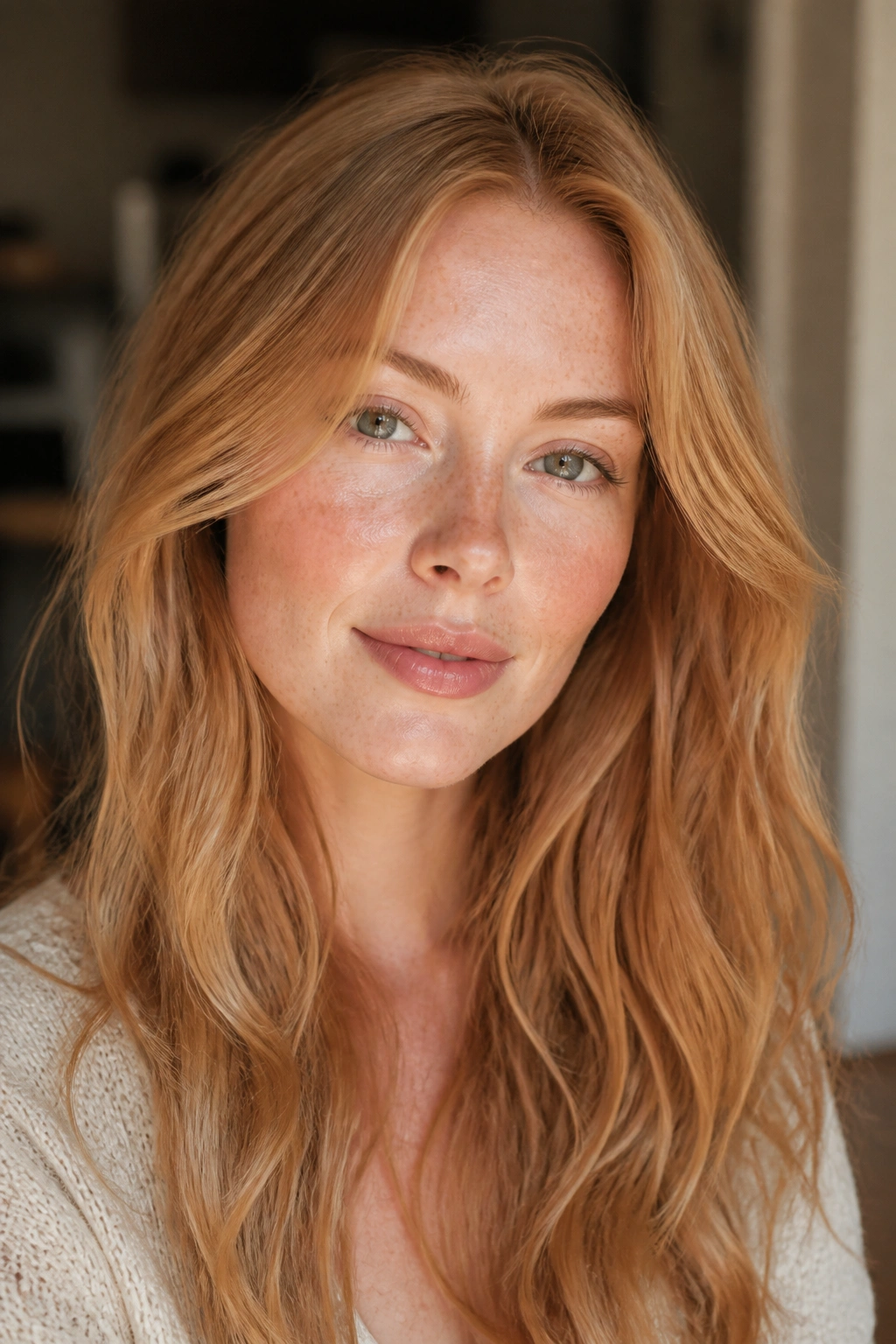 Freckled fair-skinned woman with strawberry blonde hair in warm light