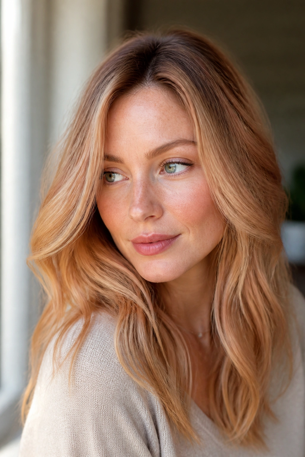 Close-up portrait of a real woman with strawberry blonde hair and a soft root smudge