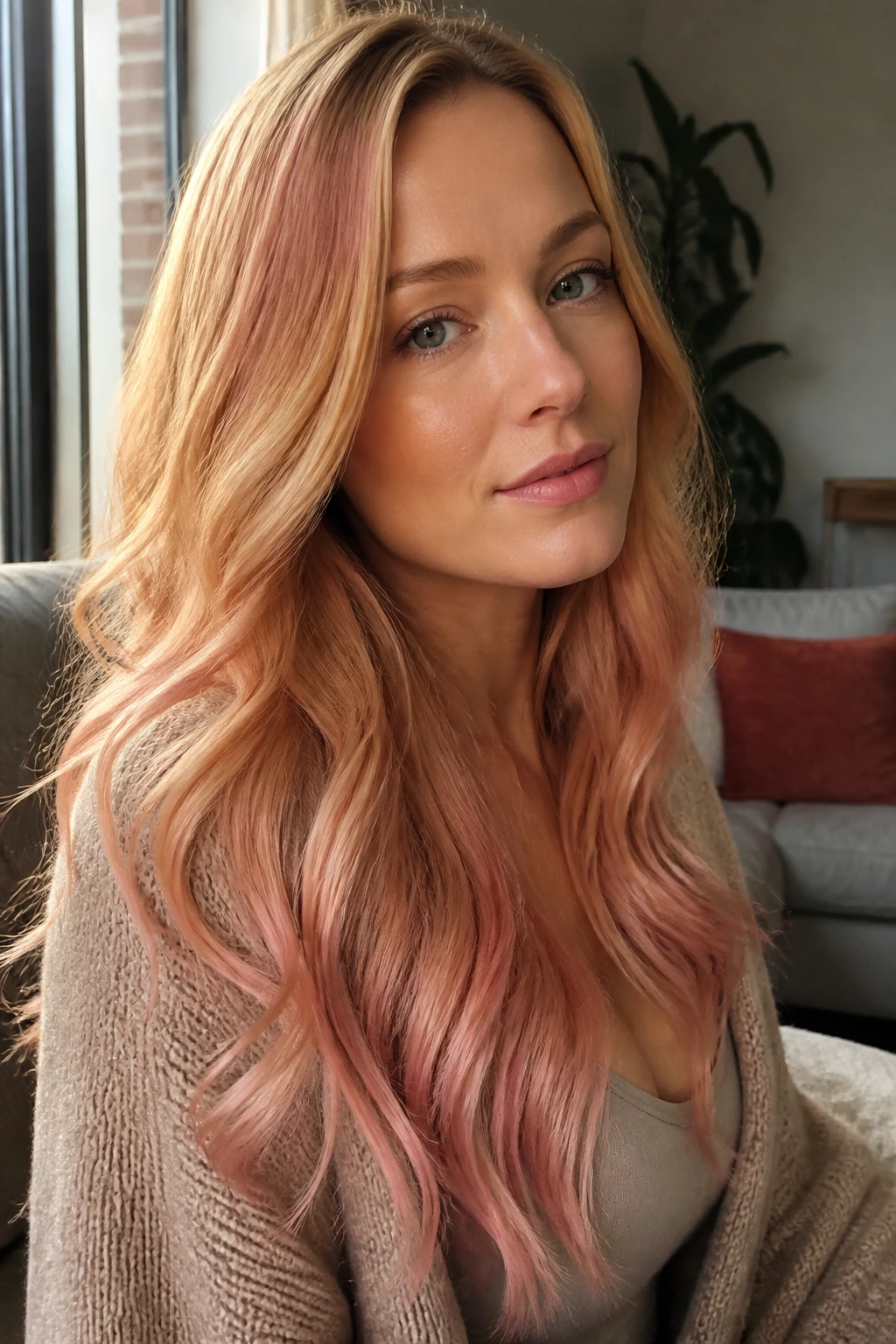 Close-up portrait of long hair gradient from strawberry blonde to rose gold on a real woman