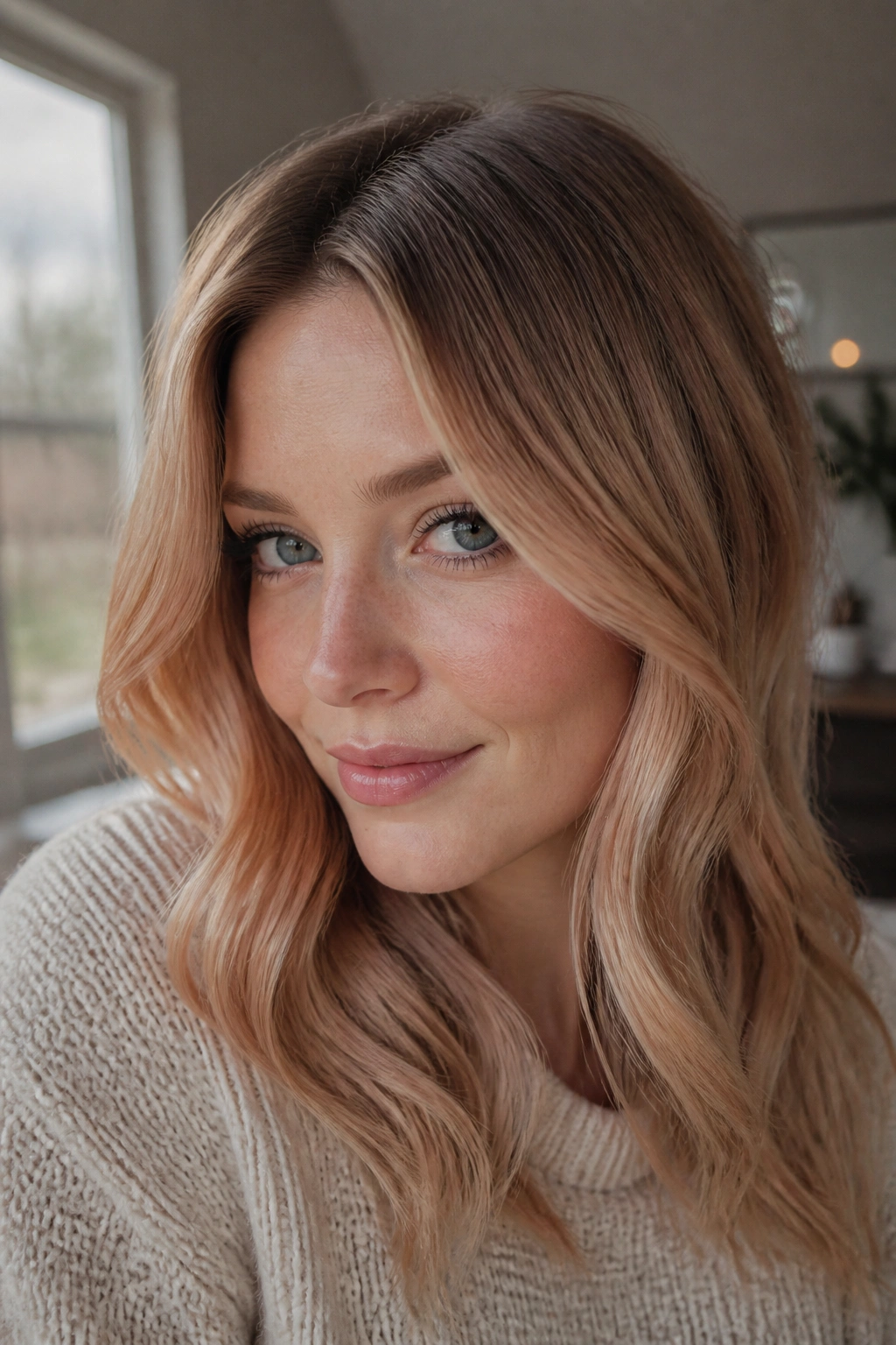 Close-up of real woman with strawberry blonde hair and a shadow root, soft transition.