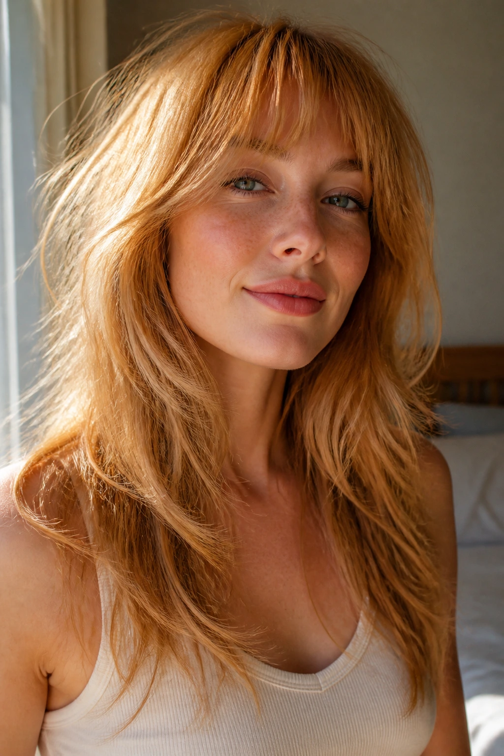 Close-up portrait of a real woman with strawberry blonde shag showing soft movement
