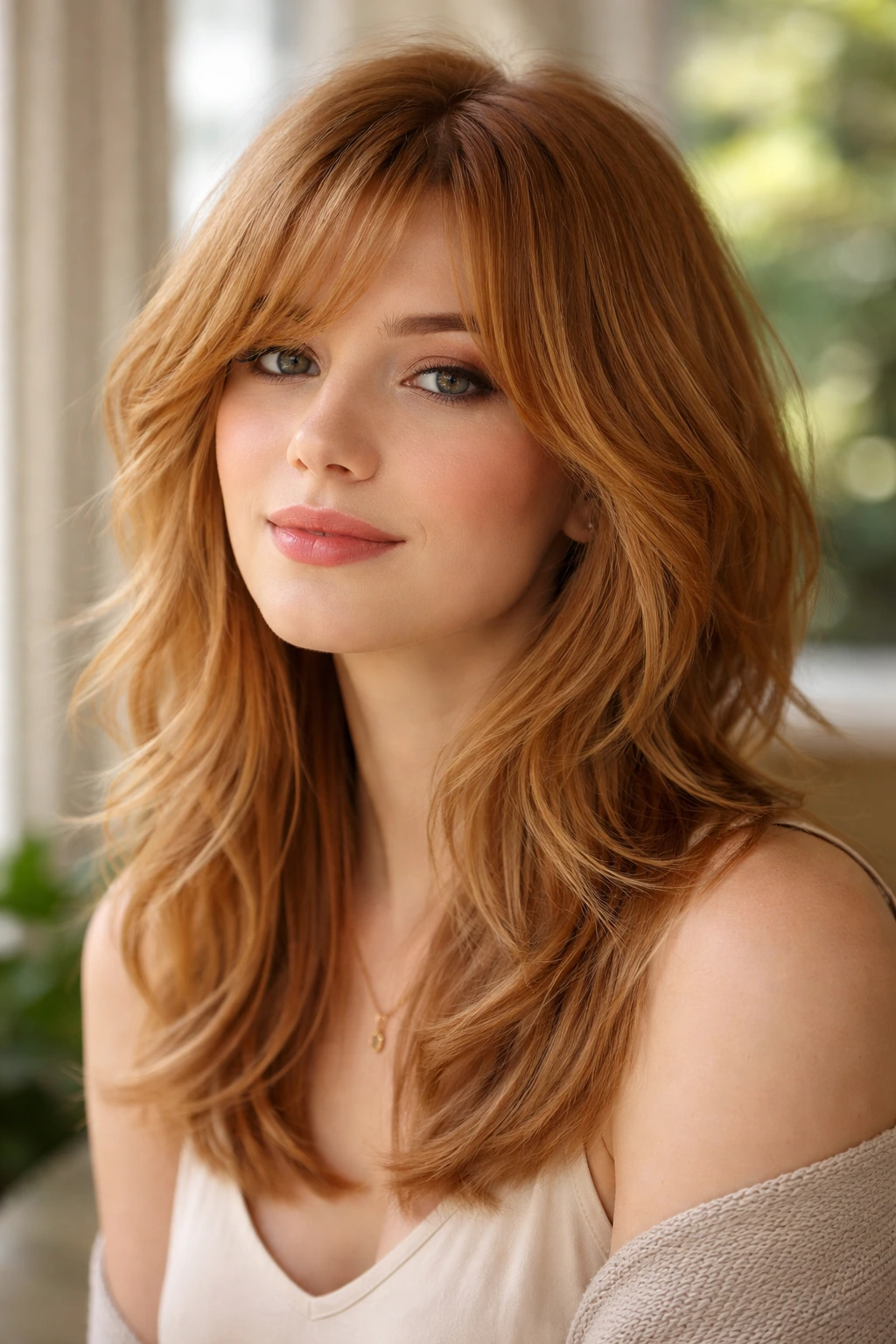 Real woman with strawberry blonde soft shag and chin-length layers.