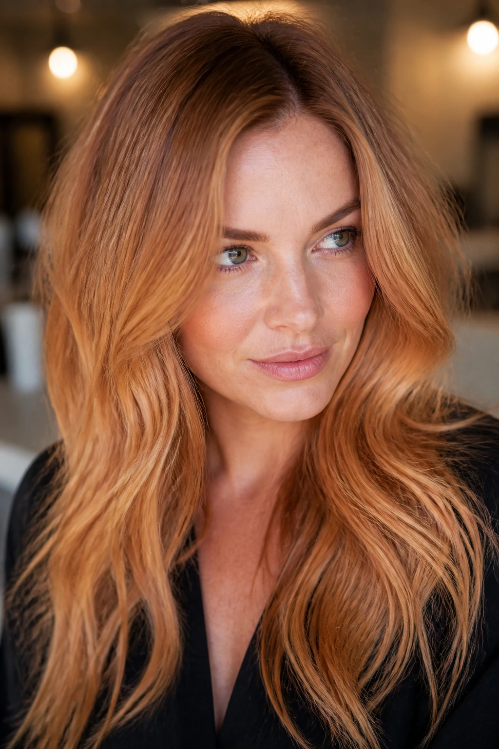 Close-up of a real woman with strawberry blonde hair and a smoky base.