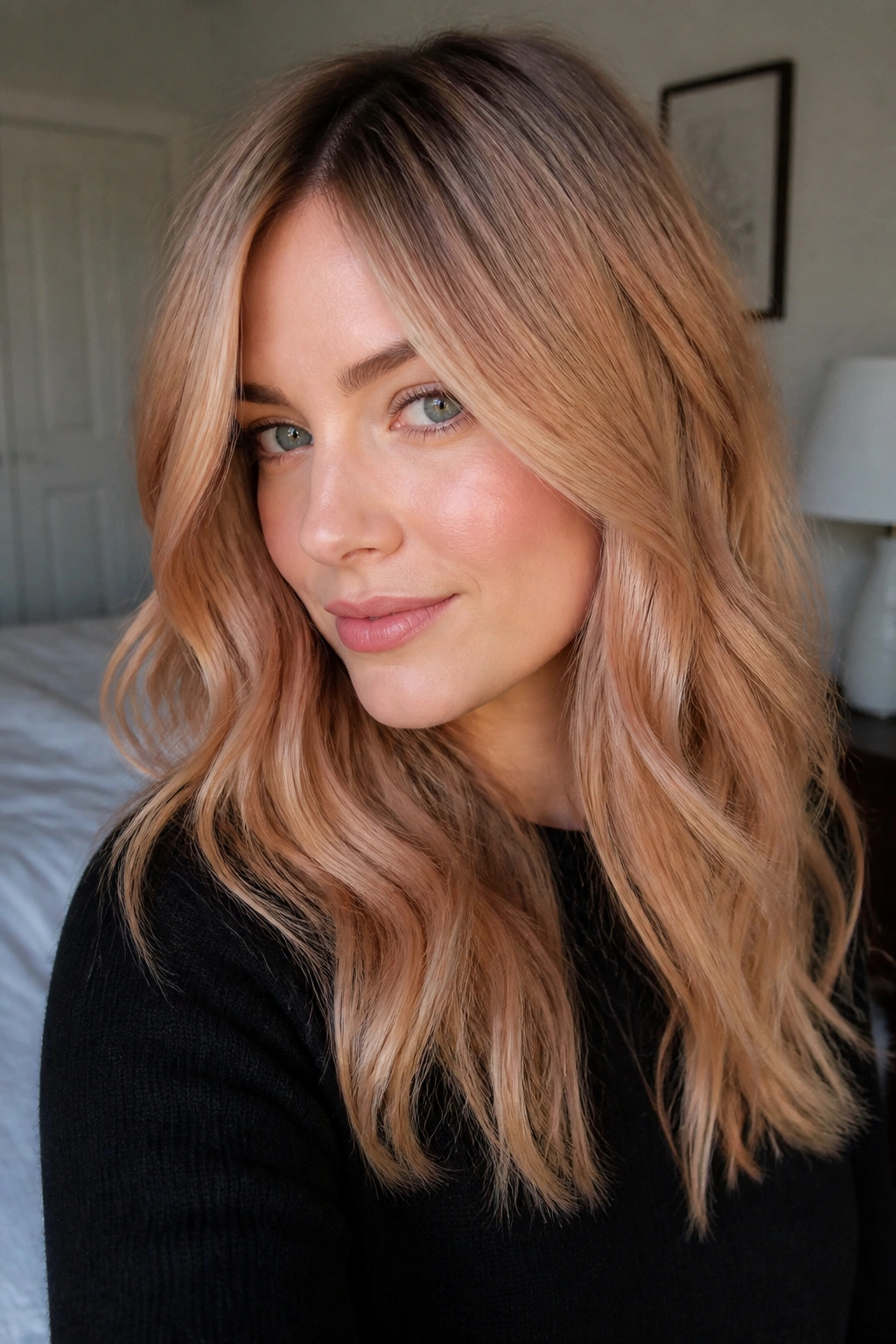 Close-up of a real woman with strawberry blonde hair and smoky root melt