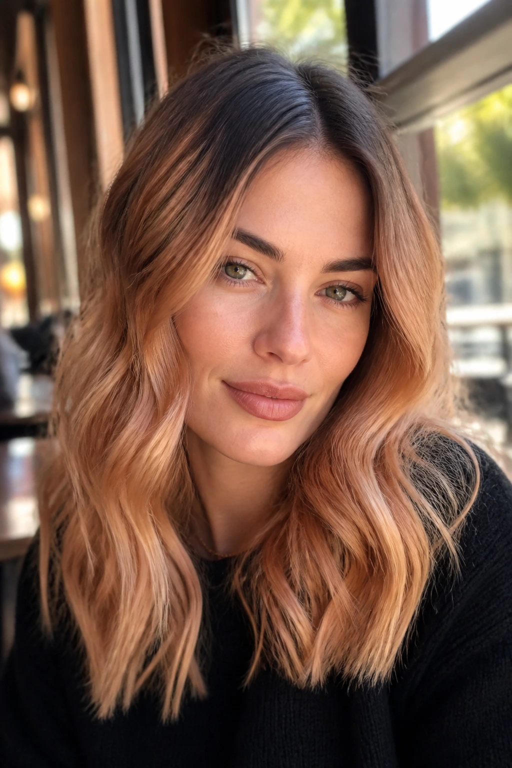 Portrait of a real woman with strawberry blonde ends and smoky roots