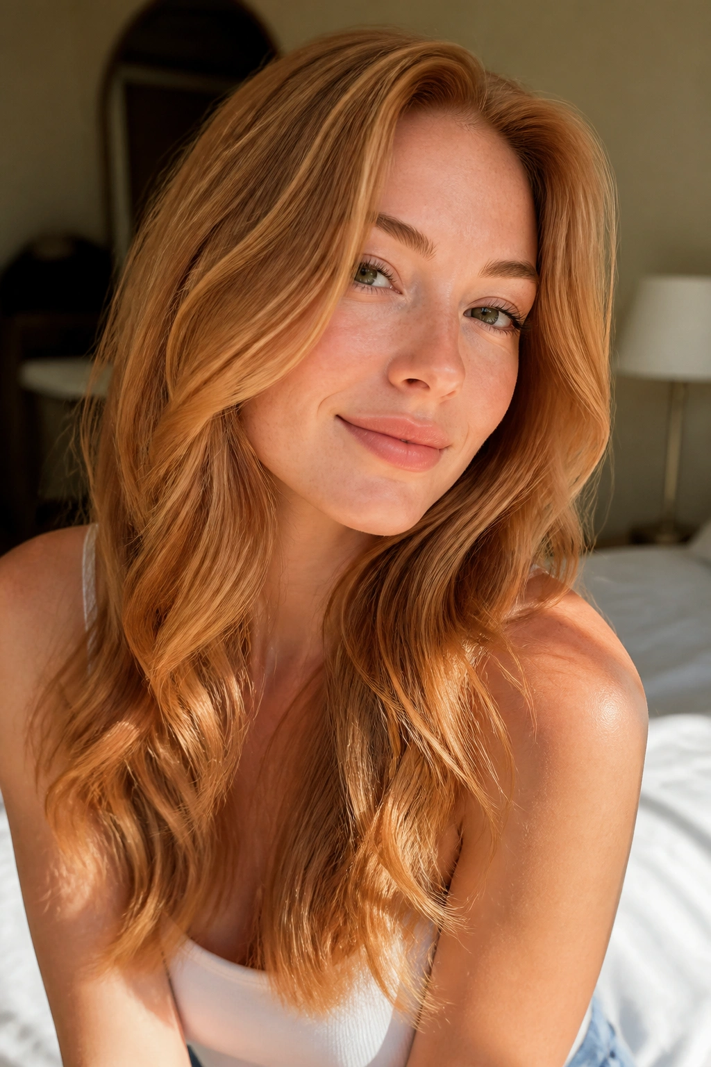 Close-up of strawberry blonde hair on warm skin in a sunlit room.