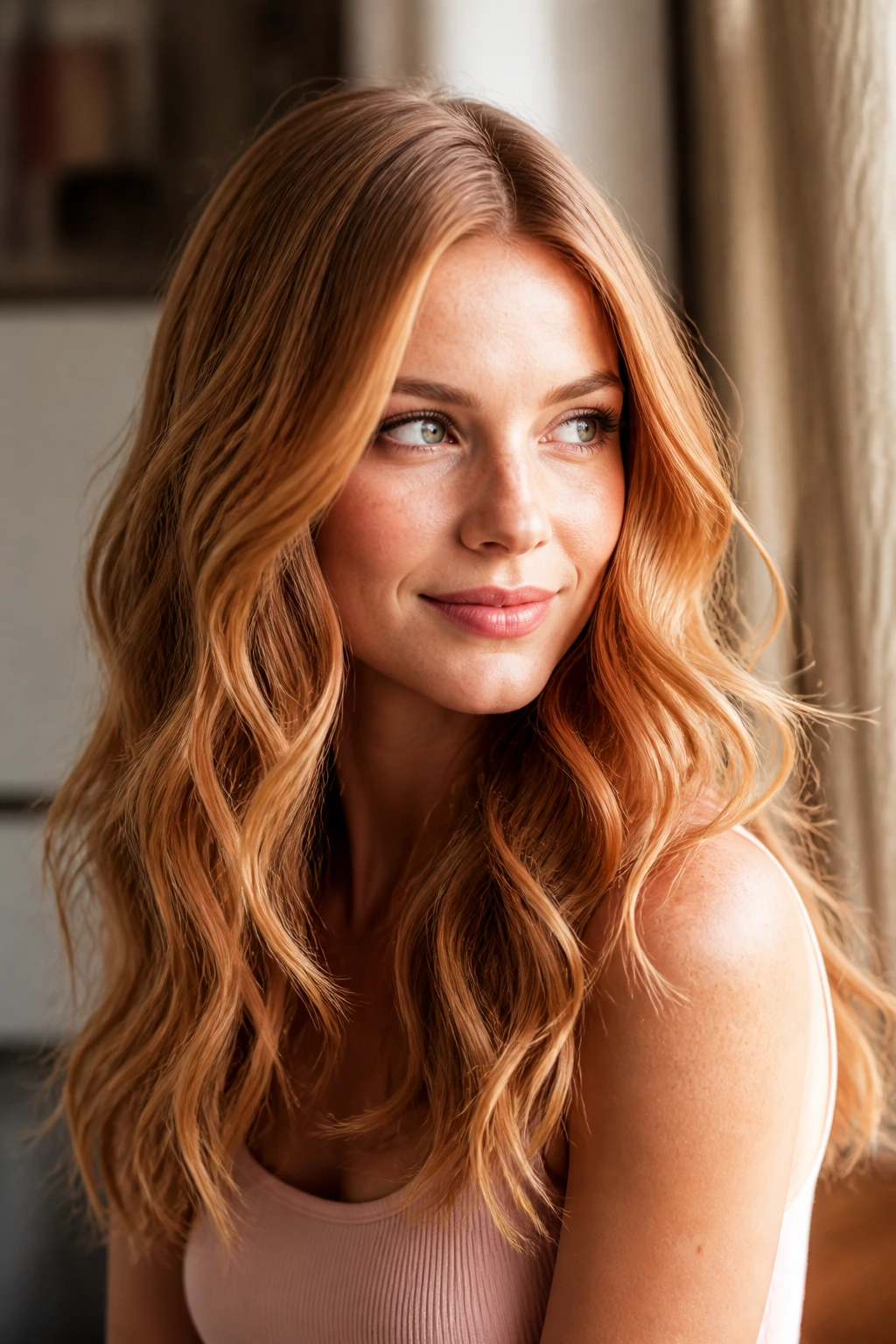Close-up portrait of a real woman with strawberry blonde waves in warm window light