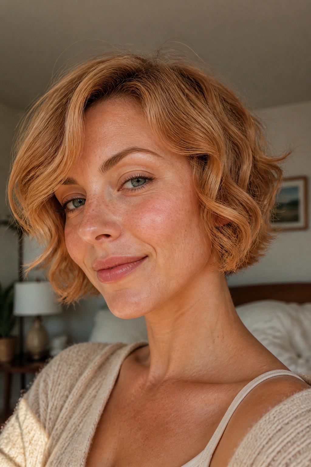 Real woman with a strawberry blonde wavy crop and soft facial framing.