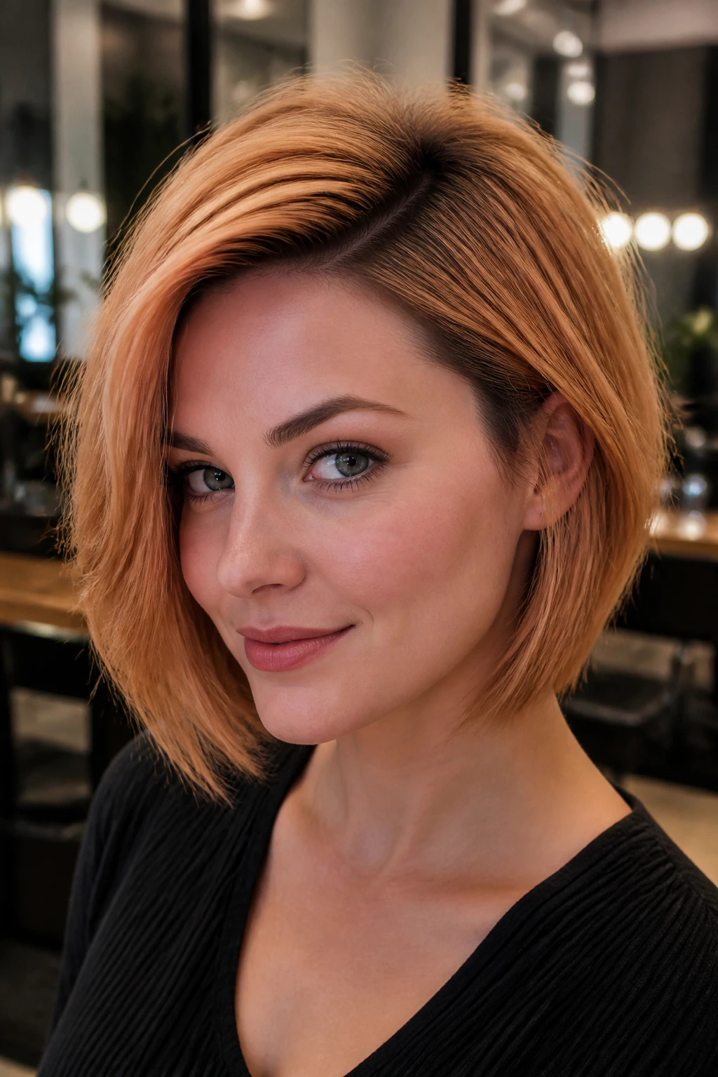 Close-up of a real woman with a deep side-part strawberry bob and root shadow