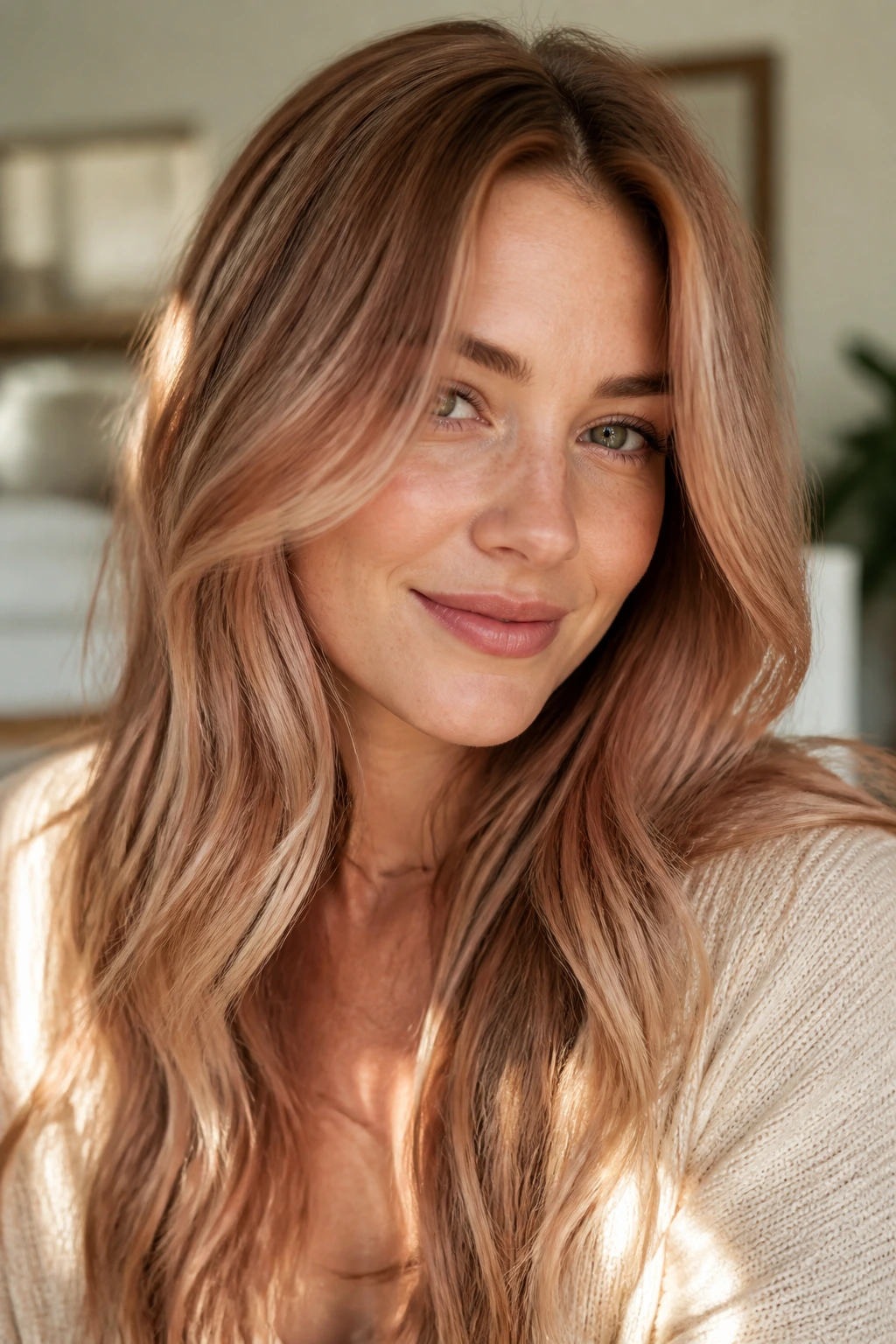 Close-up portrait of a real person with strawberry bronde and champagne light, showing dimensional mids and ends.