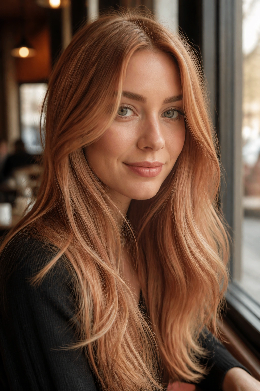 Close-up portrait of a real woman with strawberry bronde copper hair in soft layers.