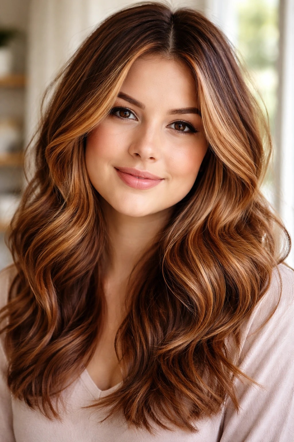 Close-up of a real woman with strawberry-bronze balayage catching light
