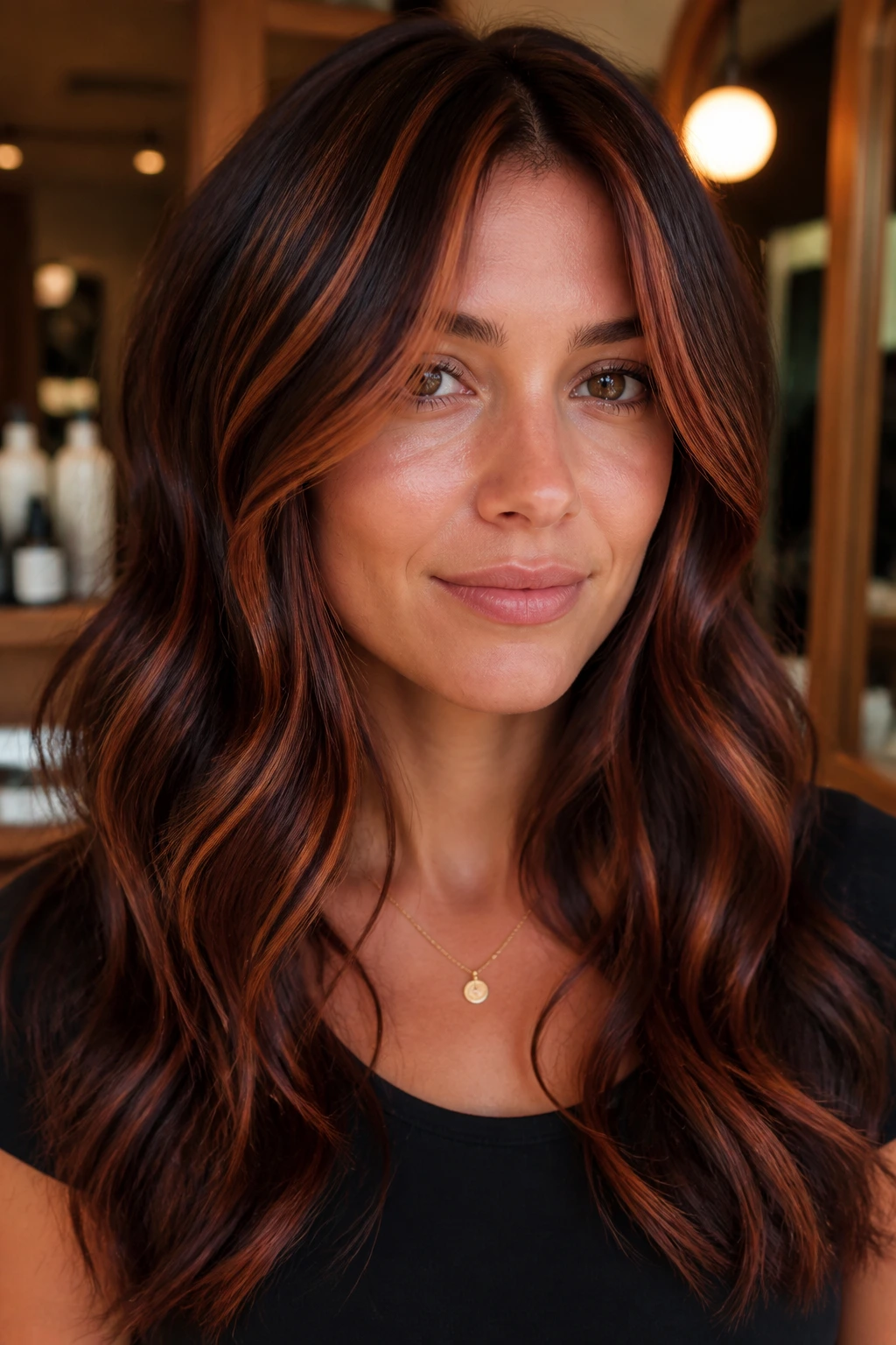 Close-up of a real woman with strawberry bronze ribbons in dark brown hair