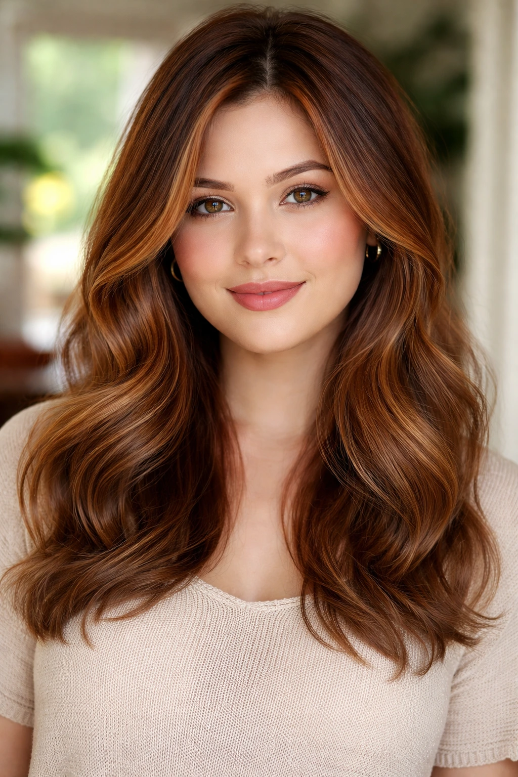 Close-up of strawberry-brown babylights on a real woman's hair