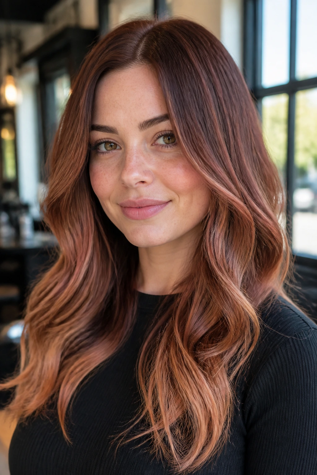 Close-up portrait showing strawberry brown ombré starting at the cheeks