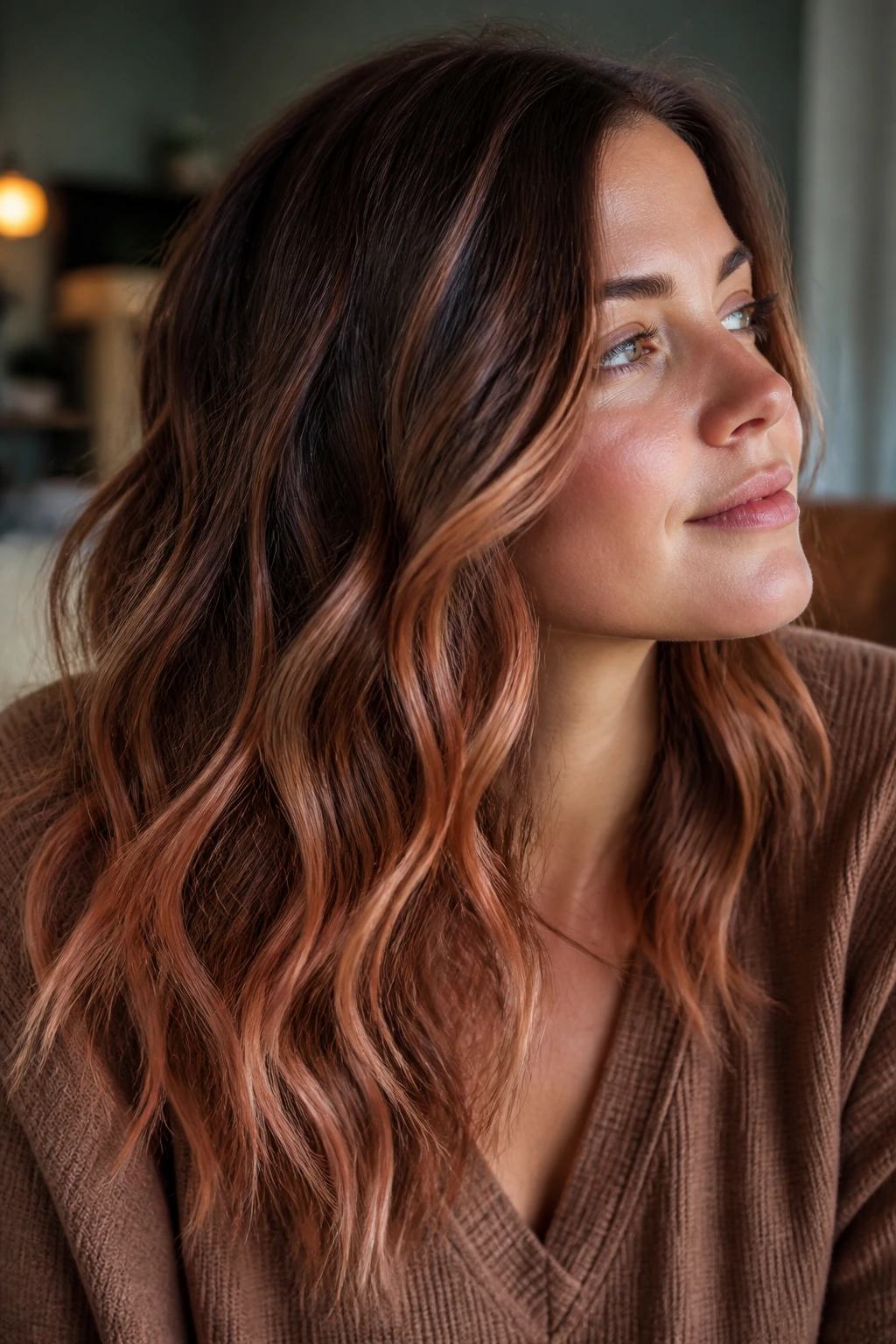 Close-up portrait of a real woman with strawberry brunette balayage on wavy hair