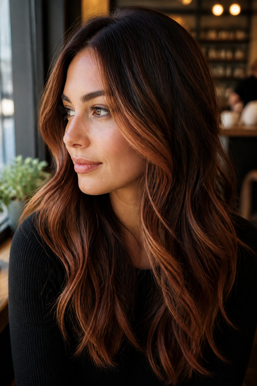 Close-up of a real woman with contour strawberry-brunette highlights around the face