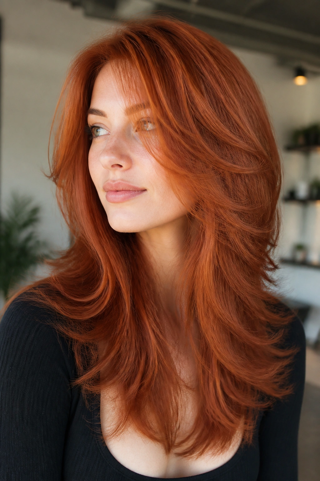 Close-up of a real person with strawberry layered butterfly cut