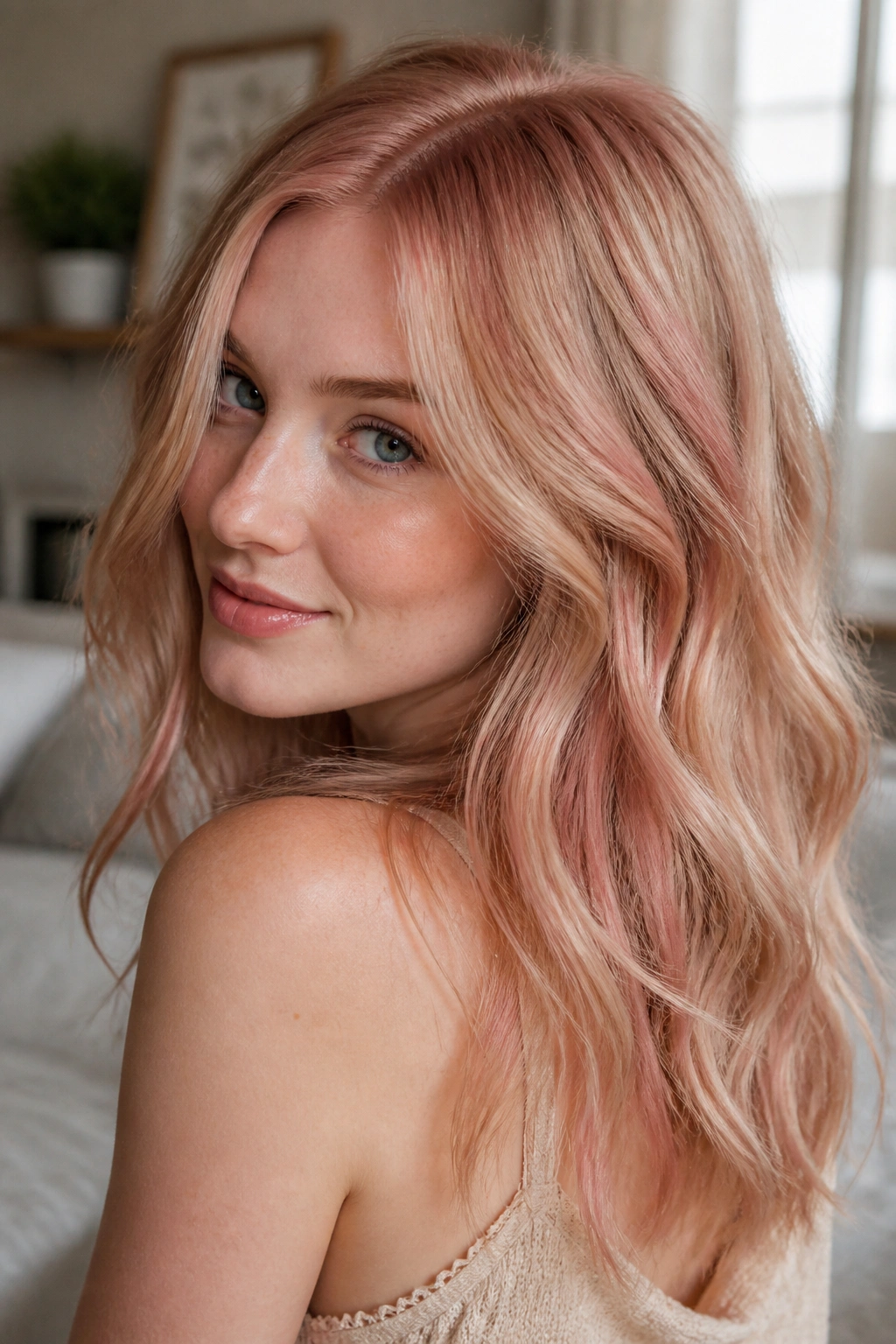 Close-up portrait of a real woman with strawberry champagne blonde hair and cool skin tone