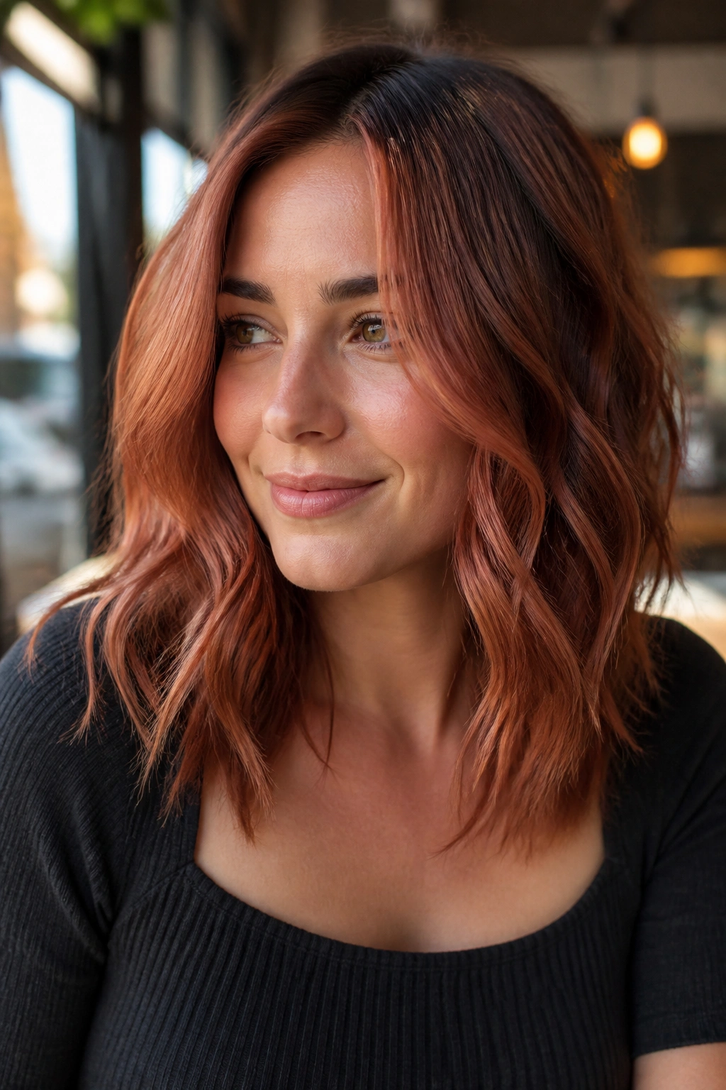 Portrait of a person with strawberry copper balayage around the face