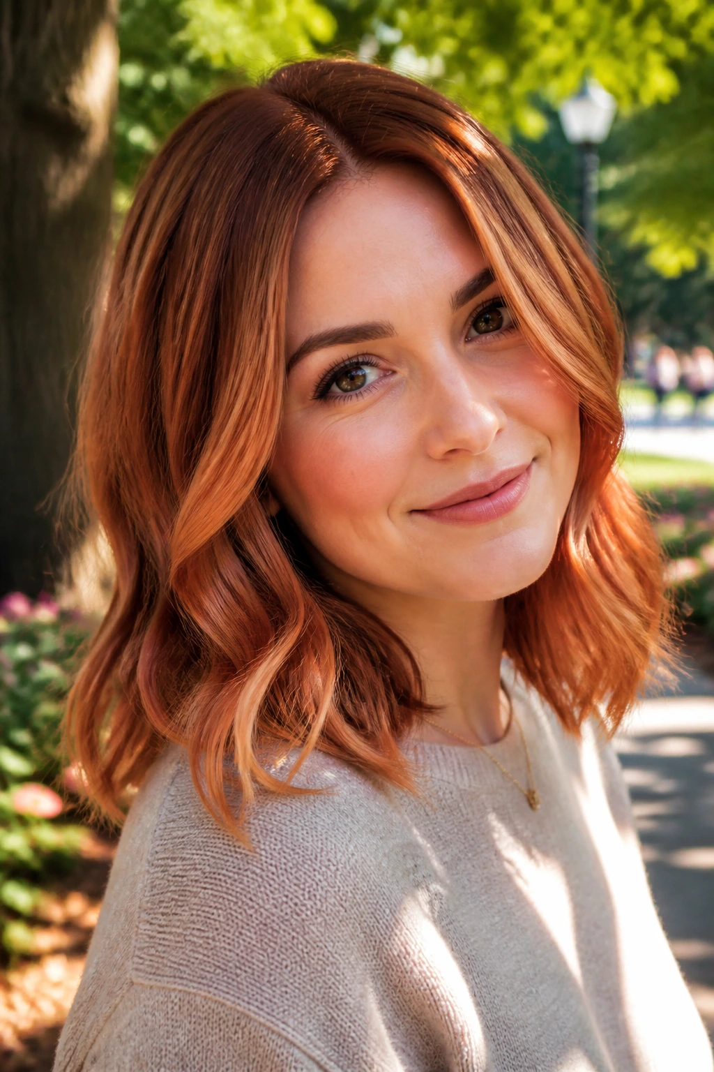 Real woman with strawberry copper balayage in a park-like outdoor setting