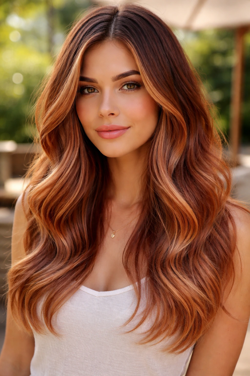Close-up portrait of a real woman with strawberry copper balayage outdoors