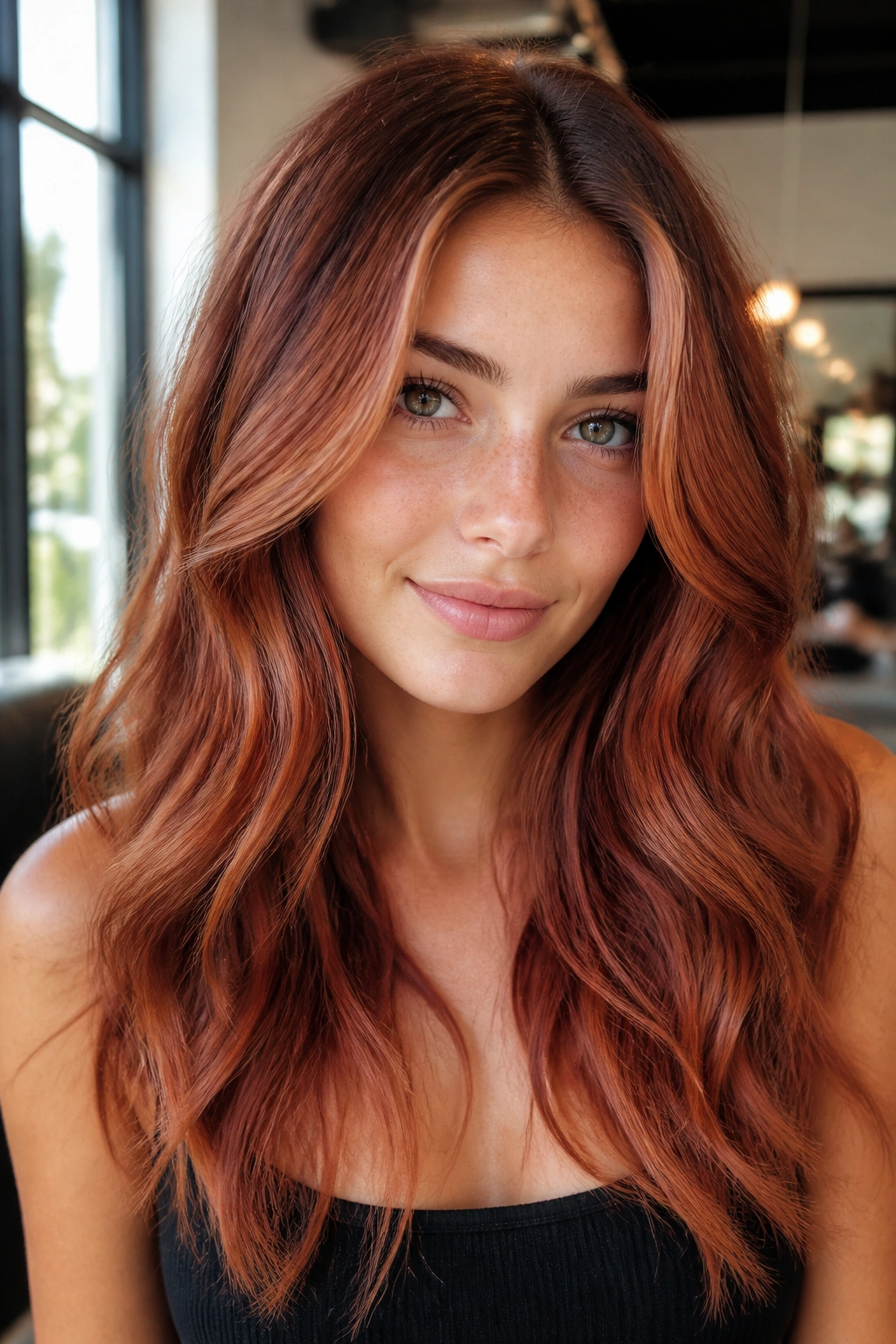 Close-up portrait of a real person with strawberry copper balayage and face-framing ribbons