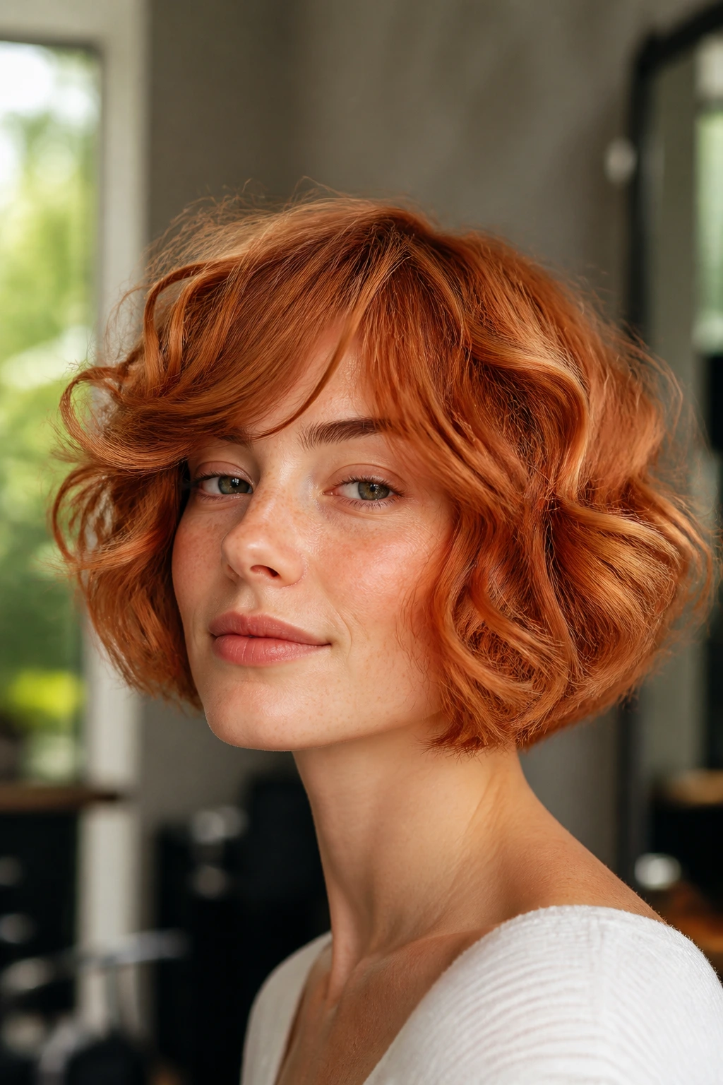 Close-up of real woman with strawberry copper bob curls showing depth and rounded shape