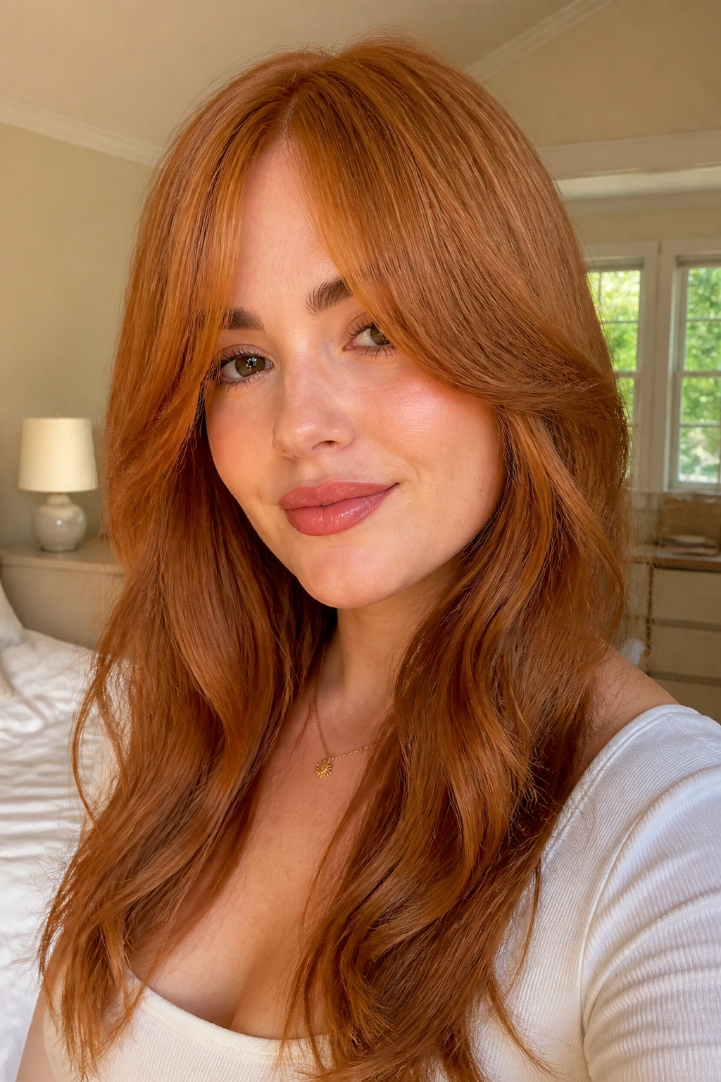 Close-up of a real woman with strawberry copper hair and curtain bangs in a bright bedroom