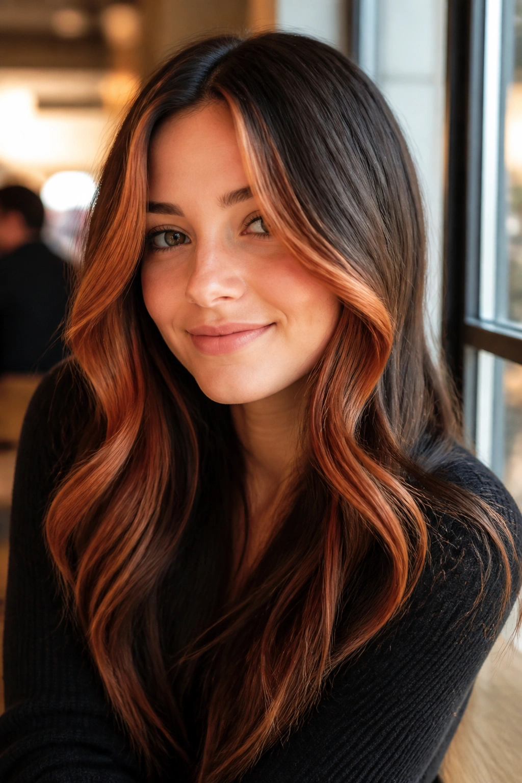 Close-up of a face framed by strawberry copper highlights around the cheeks