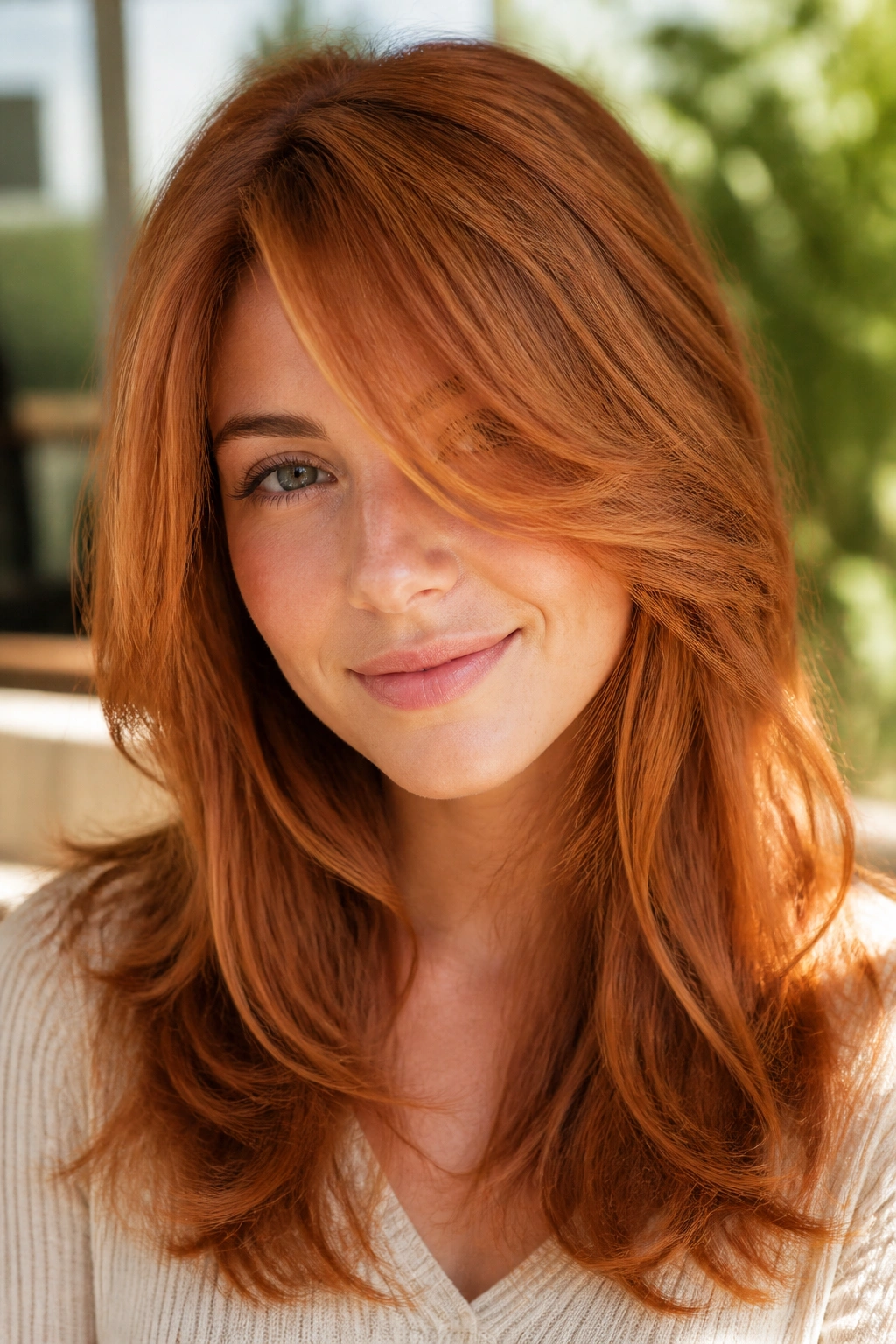 Close-up of a real woman with strawberry copper layered hair